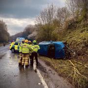 A car ended on its side after a crash on the A49 in Ludlow