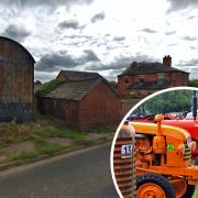 The Dutch barn and storage buildings that would be pulled down to make way for the shed and inset, vintage tractors on display