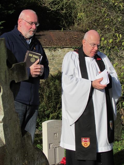 Pastor Hans-Willi Buttner, a preacher from the Paul-Gerhardt-Kirche Church, Nuremburg, Germany, gave a reading in German at the remembrance ceremony held at St Leonard's Churchyard in Ludlow. Pictured with Colin Williams.