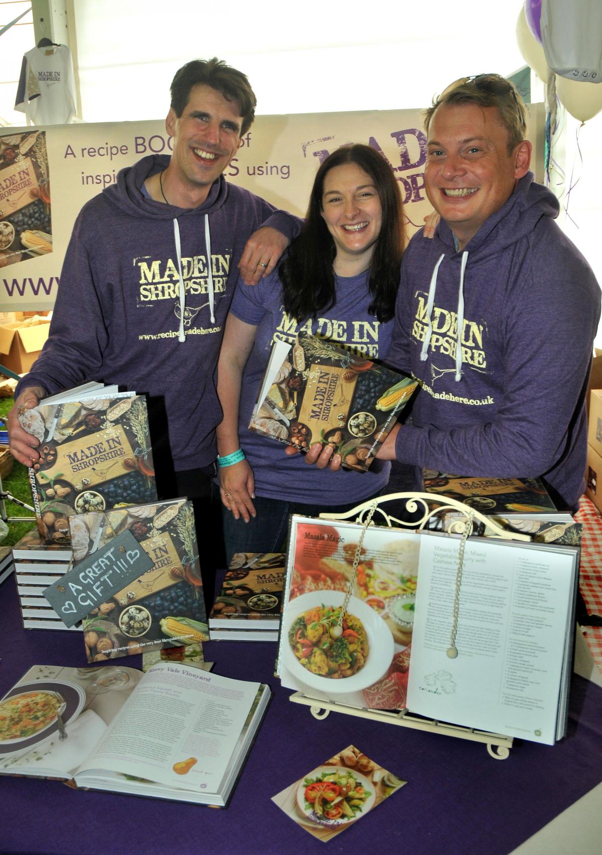 The ' Made in Shropshire' cook book proved popular at Ludlow Food Festival to the delight of publishers Simon Wild and Becca Wild of Photopia Photography and Patrick Barrett of P and R Design.