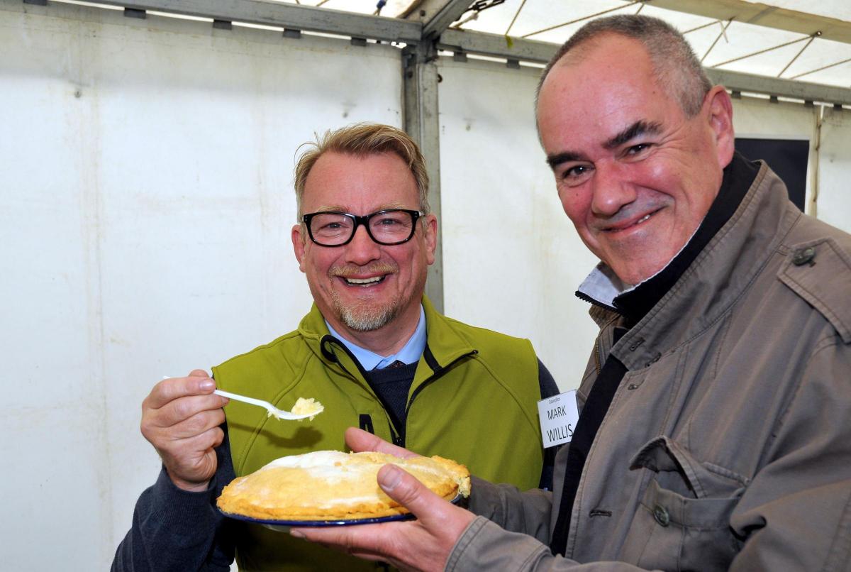 Enjoying their stint judging the apple pie competition are Paul Benson from Burford House Gardens and the Mayor of Tenbury councillor Mark Willis
