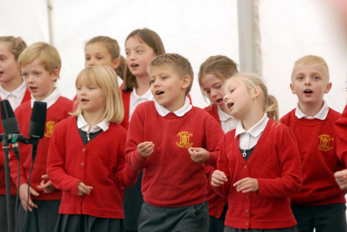 : Lindridge St Lawrence Church of England Primary School pupils sing 'Little Light of Mine' in the entertainment marquee at Applefest