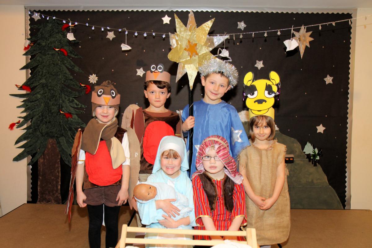 Clee Hill CE Primary School’s KS1 performed A little Bird Told Me - Rear, standing: Pixie Goode (Bird), Edward Gatehouse (Bird), Zach Jordan (Star) and Kelsey Pugh (Camel). Front, seated: Lani Pearson (Mary) and Daniel Booth (Joseph) Photo: Keith Gluyas