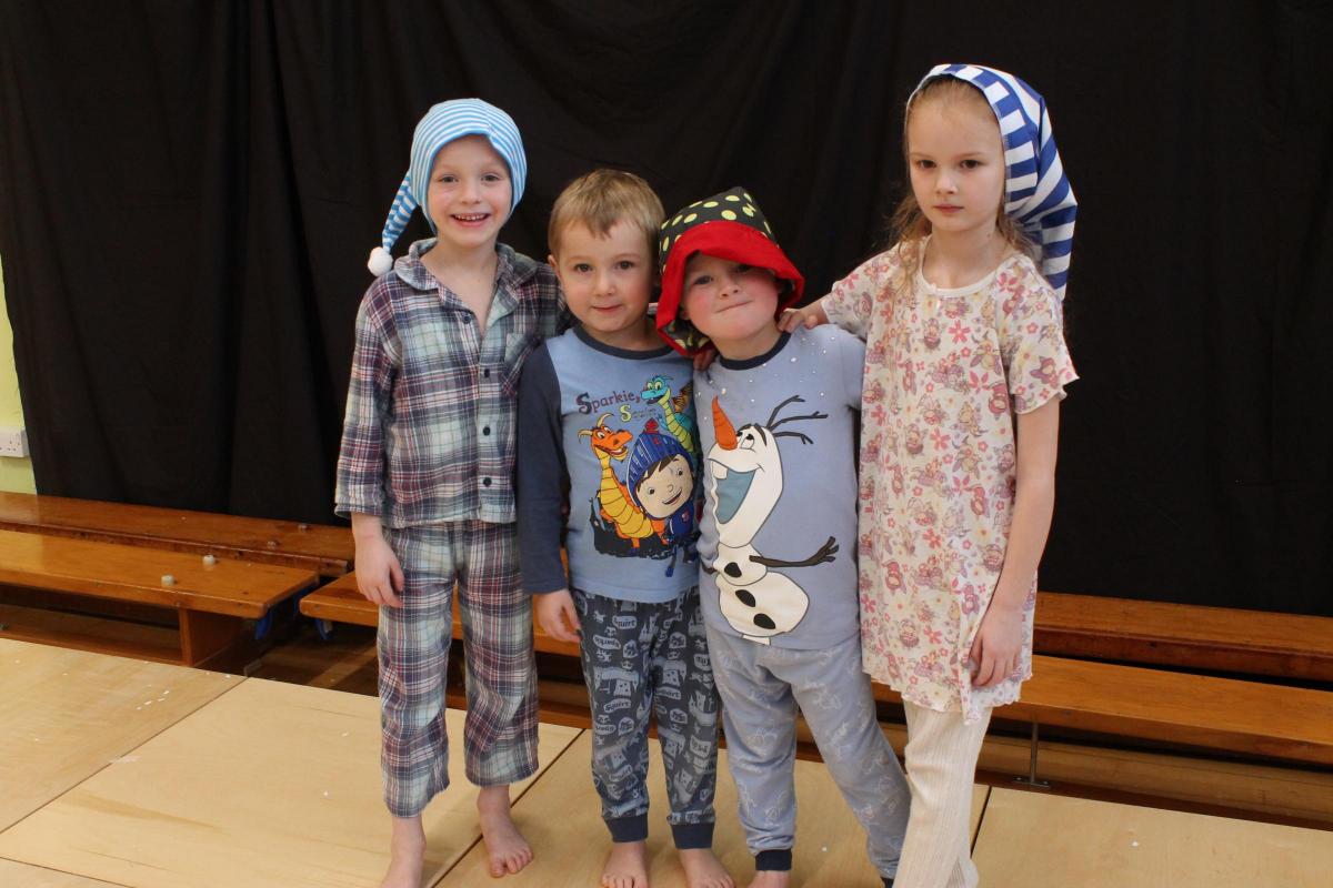 In Bishop’s Castle Primary School’s Key Stage One Christmas Play ‘The Night Before Christmas’, Cormack O’Shea, Max Fifield, Ethan Morris, Amelia Holt featured in Wee Willie Winkie