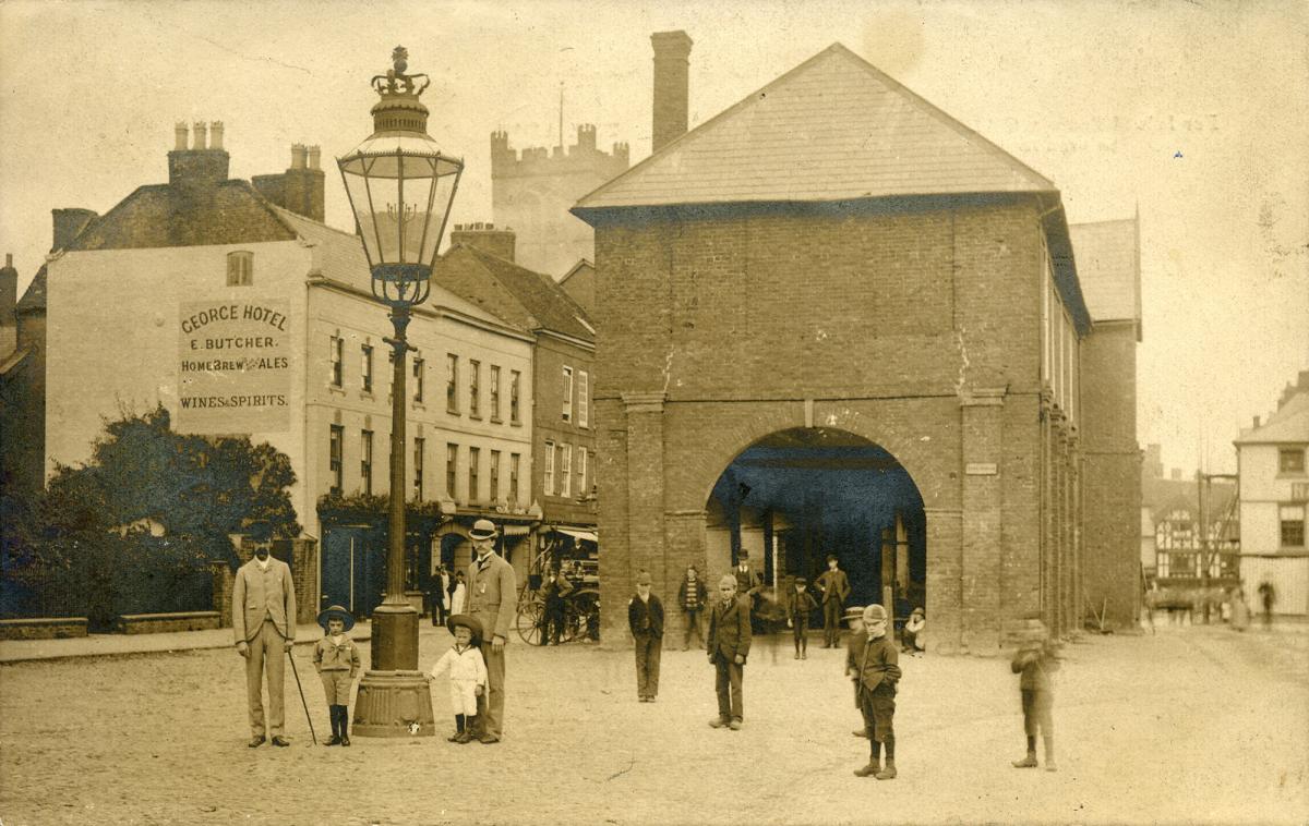 Ludlow's old town hall, built in the Georgian era. This image was probably taken before 1880 - the building was demolished in 1887