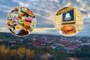 Inset: Fermented vegetables at The Hall Market and a beef beigel from Baleboste, in front of the Vilnius skyline
