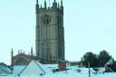 Snow surrounding St Laurence's Church in Ludlow.