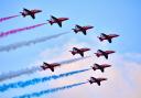 Formation flight of the Royal Air Force Aerobatics team the Red Arrows.