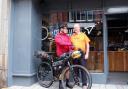 Viv Tolley and Merv Powis at the beginning of the journey, in Ludlow town centre