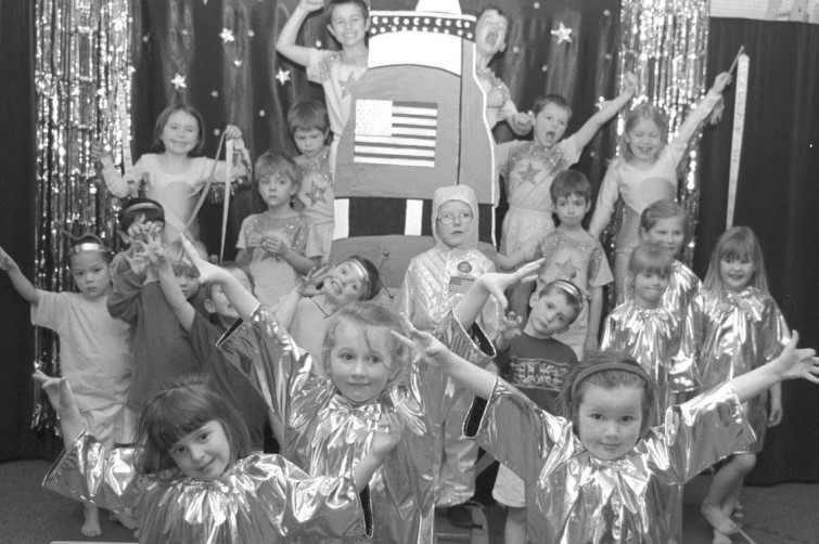 Twenty-one infants from Madresfield Early Years Centre took part in their space-themed show, The Earth and Beyond in March 2002