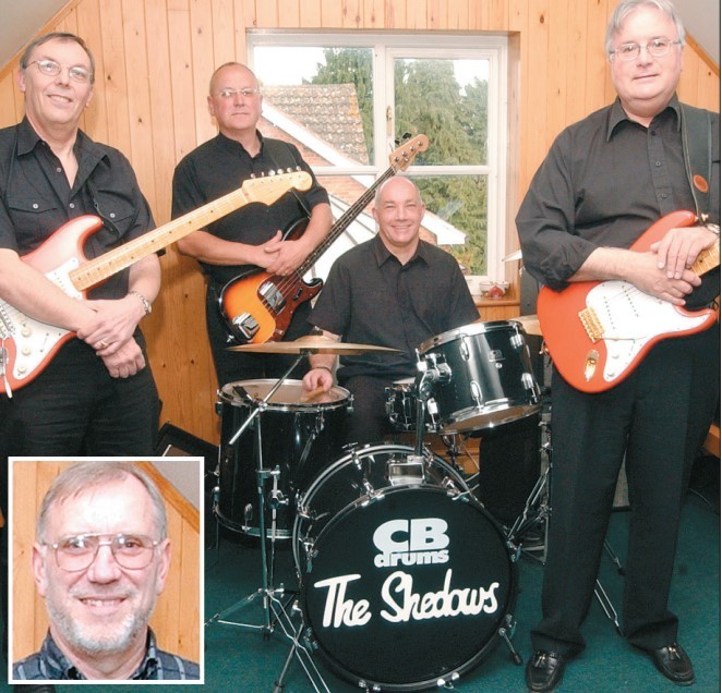 Meet Shadows tribute act The Shedows: Neil Hide, left, Gavin Simmons, Chris Smith and Trevor Lyon with, inset, guest vocalist, Ken Wakefield pictured in 2005
