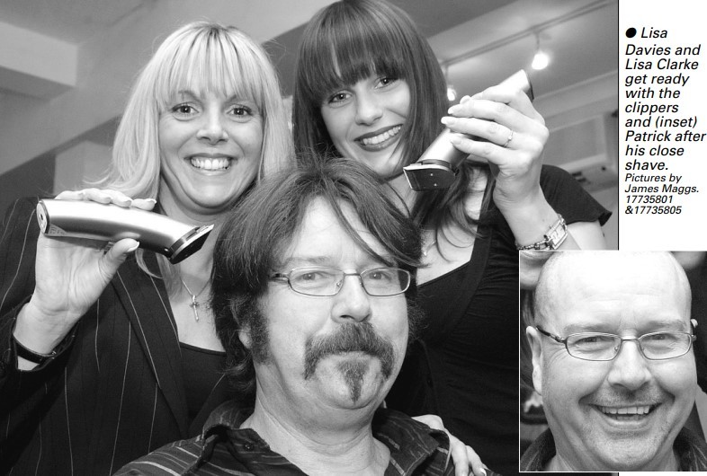 Lisa Davies and Lisa Clarke get ready with the clippers and (inset) Patrick Dorrell after his close shave to raise money for Macmillan Cancer Relief in April 2005 