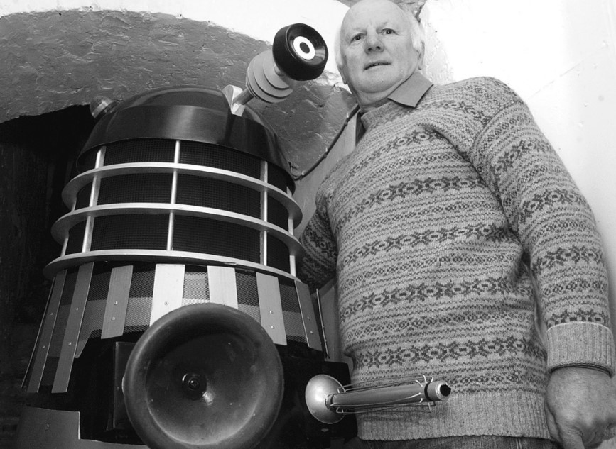 Ted Glazzard with the life-size Dalek on show at the Teddy Bear & Toy Museum in Bromyard in April 2005. Ted was thrilled by the TV relaunch of Dr Who in that year, hoping for a new generation of fans