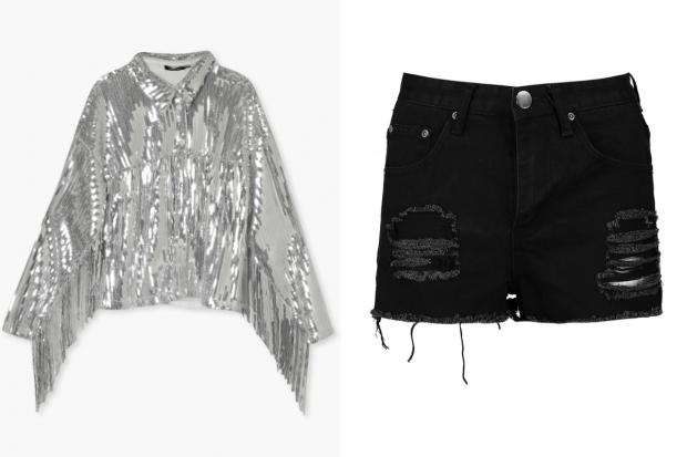 Ludlow Advertiser: (Left) Sequin Fringe Detail Shirt and (right) Petite High Rise Distressed Denim Shorts (Boohoo/Canva)