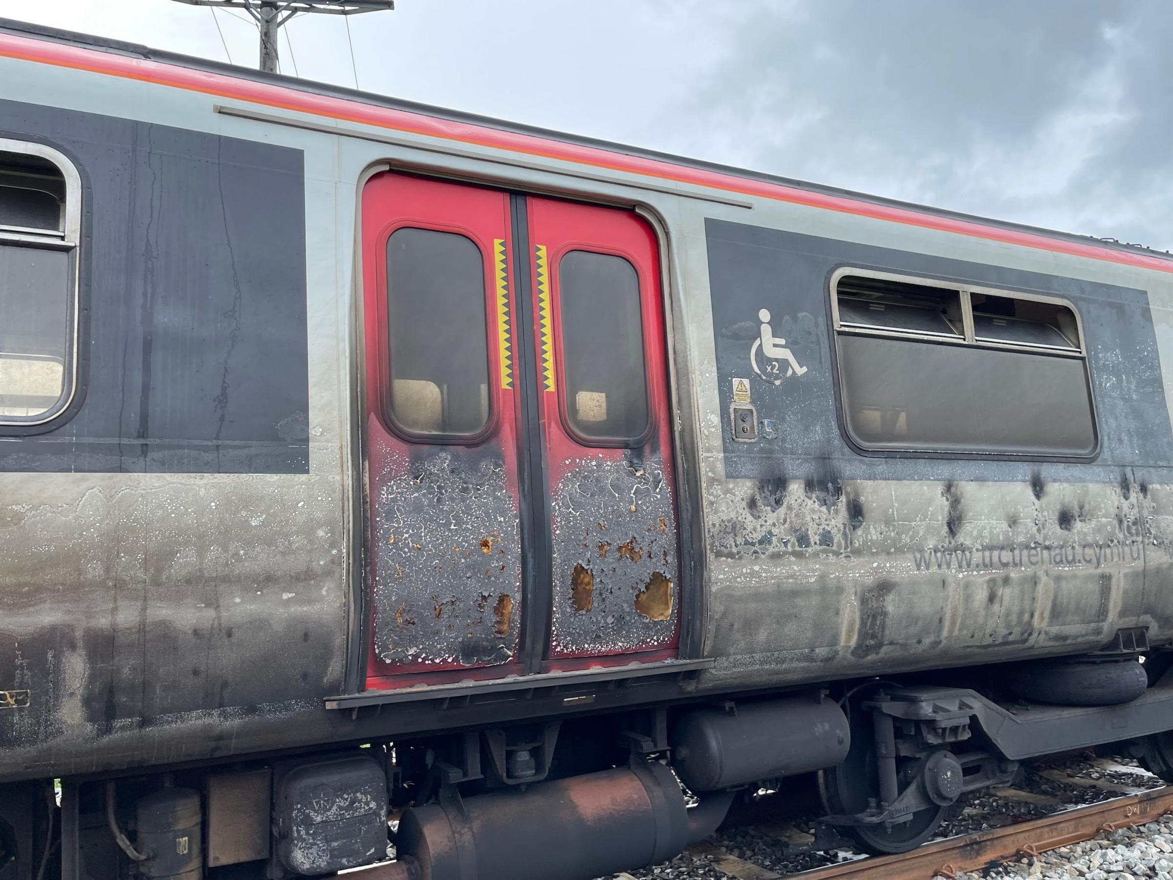 New pictures show the damaged caused to a train after a crash and fire near Craven Arms on Sunday. Picture: Transport for Wales