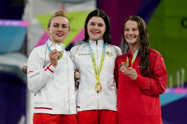 Ludlow Advertiser: England’s Andrea Spendolini Sirieix (centre) with her Gold Medal, England’s Lois Toulson with her Silver Medal (left) and Canada’s Caeli McKay with her Bronze Medal after the Women’s 10m Platform Final at Sandwell Aquatics Centre on day seven of the 2022 Commonwealth Games. Credit: PA