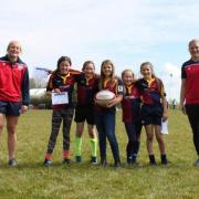 England and Worcester duo Lydia Thompson and Alex Matthews with the Clee Hill Rugby Club mini section
