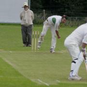 Corvedale bowler Harry Aldridge.. delivers to Cae Glas batsman Andy Griffiths..