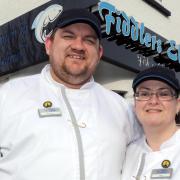 Owners of Fiddlers Elbow Fish and Chips in Leintwardine Dominic Eusden and his partner Linzi Morris. Picture: Rob Davies