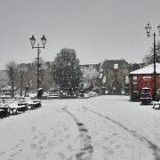 Ludlow town centre covered in a blanket of snow. Photograph Ludlow Town Council