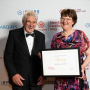 Photo of Bronze Award Winners for Self Catering Accommodation of the Year at the VisitEngland Awards for Excellence 2023 - Eaton Manor Country Estate (Representatives from Eaton Manor Country Estate) - in front of branded photo backdrop