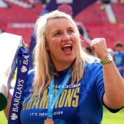 Chelsea manager Emma Hayes celebrates after winning the Barclays Women’s Super League for the fifth successive season in her final game in charge (Martin Rickett/PA)